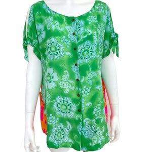 Anthropologie Vanessa Virginia 100% Silk Button Slit Sleeve Floral Blouse US 14